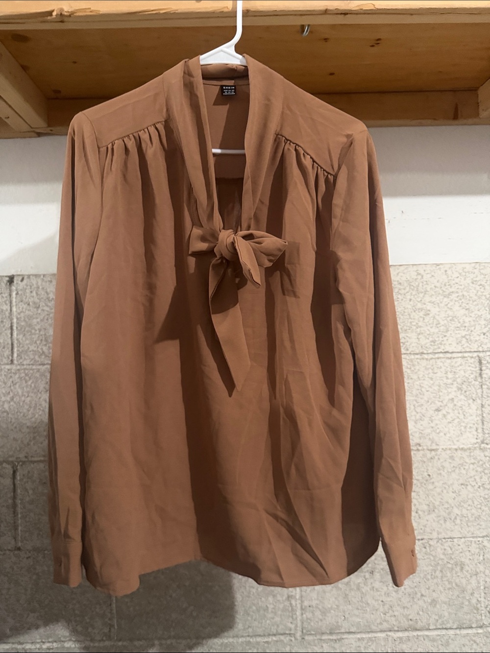 SHEIN Brown Tie-Neck Long Sleeve Blouse